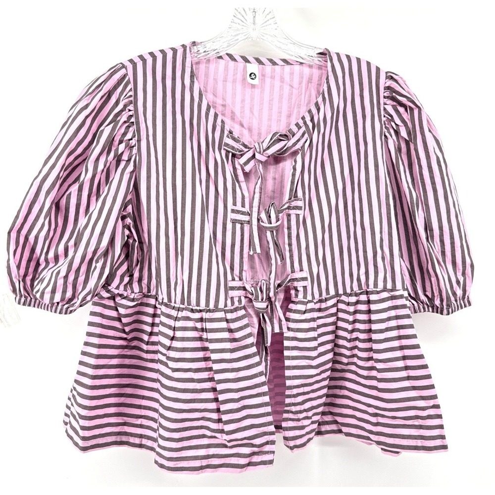 Pink Striped Puff Sleeve Tie Front Peplum Blouse Top Size M Layering Feminine